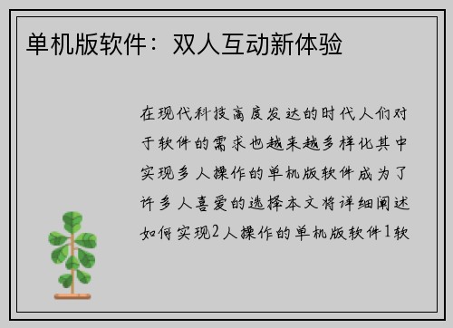 单机版软件：双人互动新体验